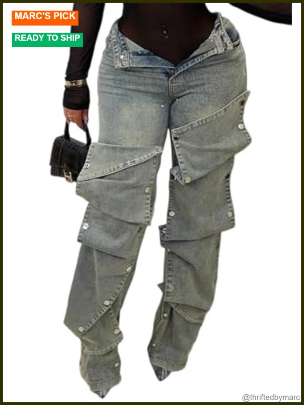 High Waisted Detachable Button Straight Leg Cargo Jeans Polyester